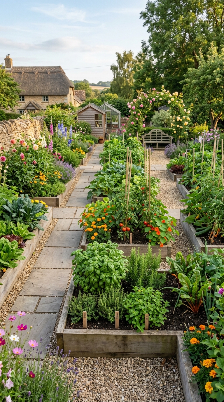 Family-friendly potager garden layout with play path and low beds