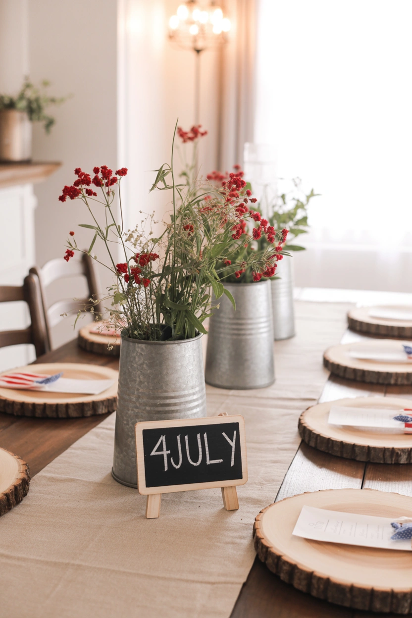 Farmhouse 4th of July tablescape with linen runner, galvanized metal vases, and wildflowers on a dining table