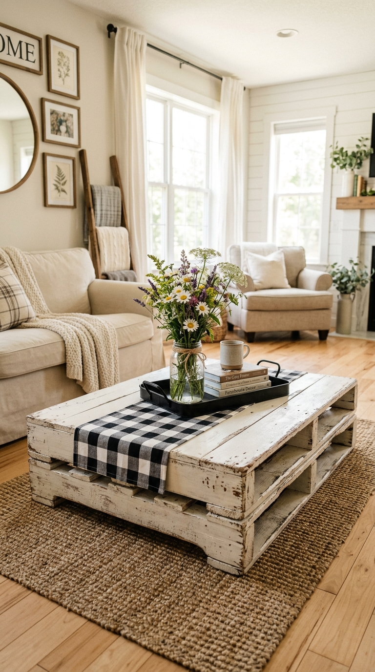 DIY farmhouse chalk paint pallet coffee table in antique white with distressed edges, styled with black metal tray and wildflower mason jar