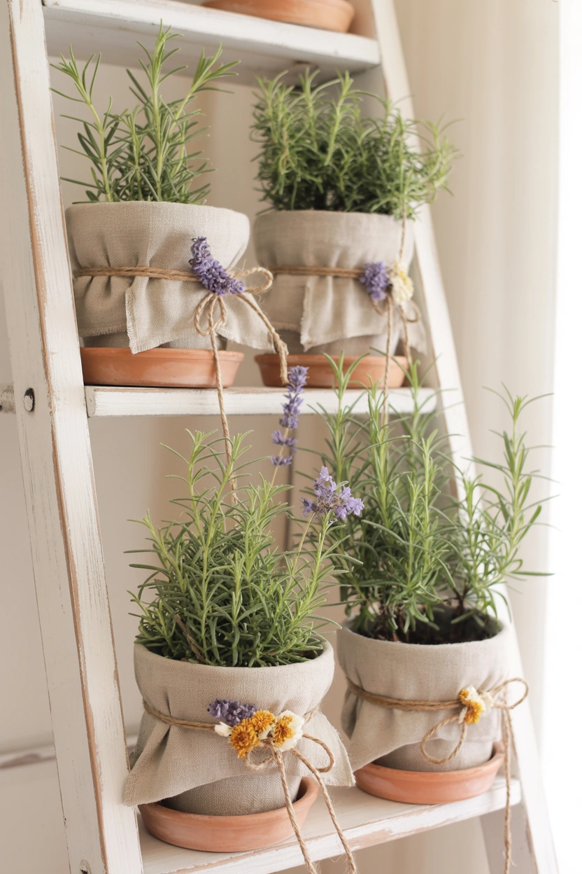 Farmhouse ladder herb garden with linen-wrapped terracotta pots of lavender and rosemary tied with jute twine
