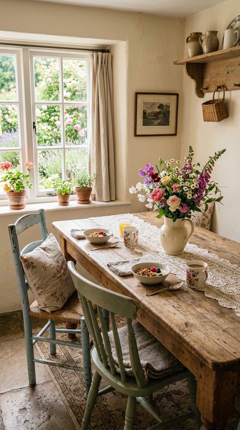 Cottage breakfast nook with farmhouse table, mismatched vintage chairs, and lace table runner