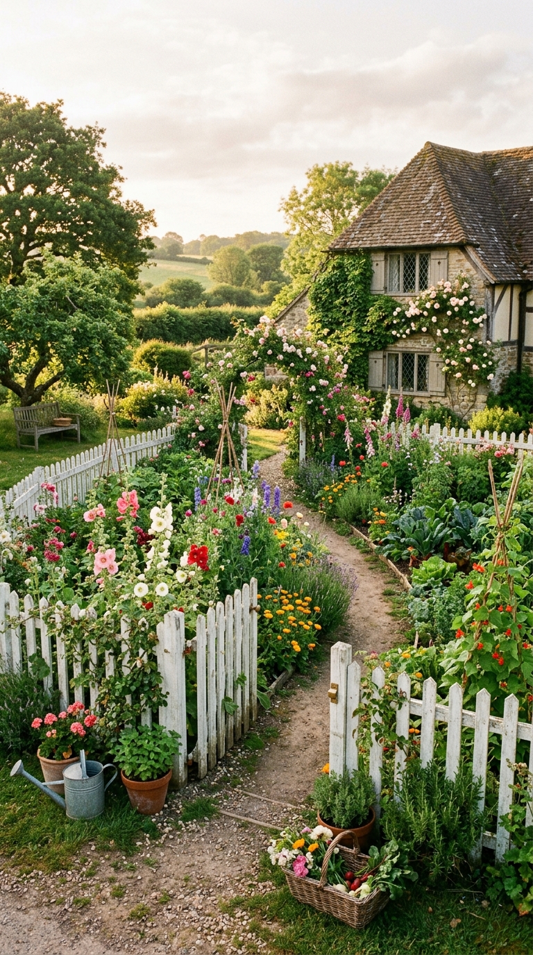Cottage farmhouse potager garden with picket fence border