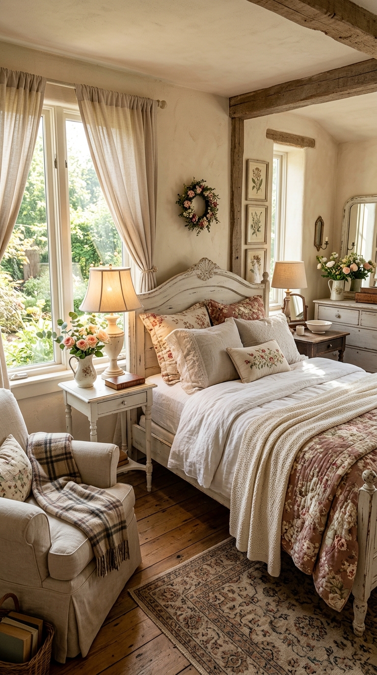 Romantic farmhouse shabby chic bedroom with vintage furniture, soft linens, and cozy cottage-inspired decor