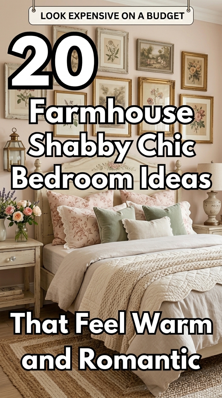 farmhouse shabby chic bedroom featuring romantic vintage decor, soft neutral colors, and cozy rustic elegance