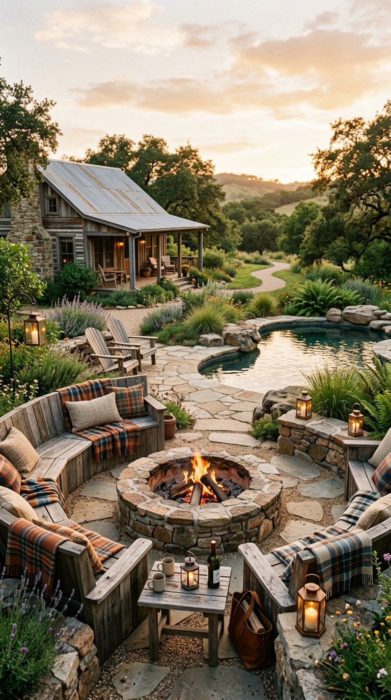 Farmhouse-style sunken fire pit idea near natural pool