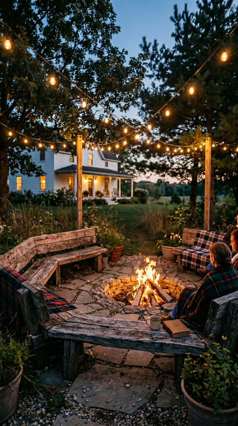 Rustic farmhouse sunken fire pit idea with wooden bench seating