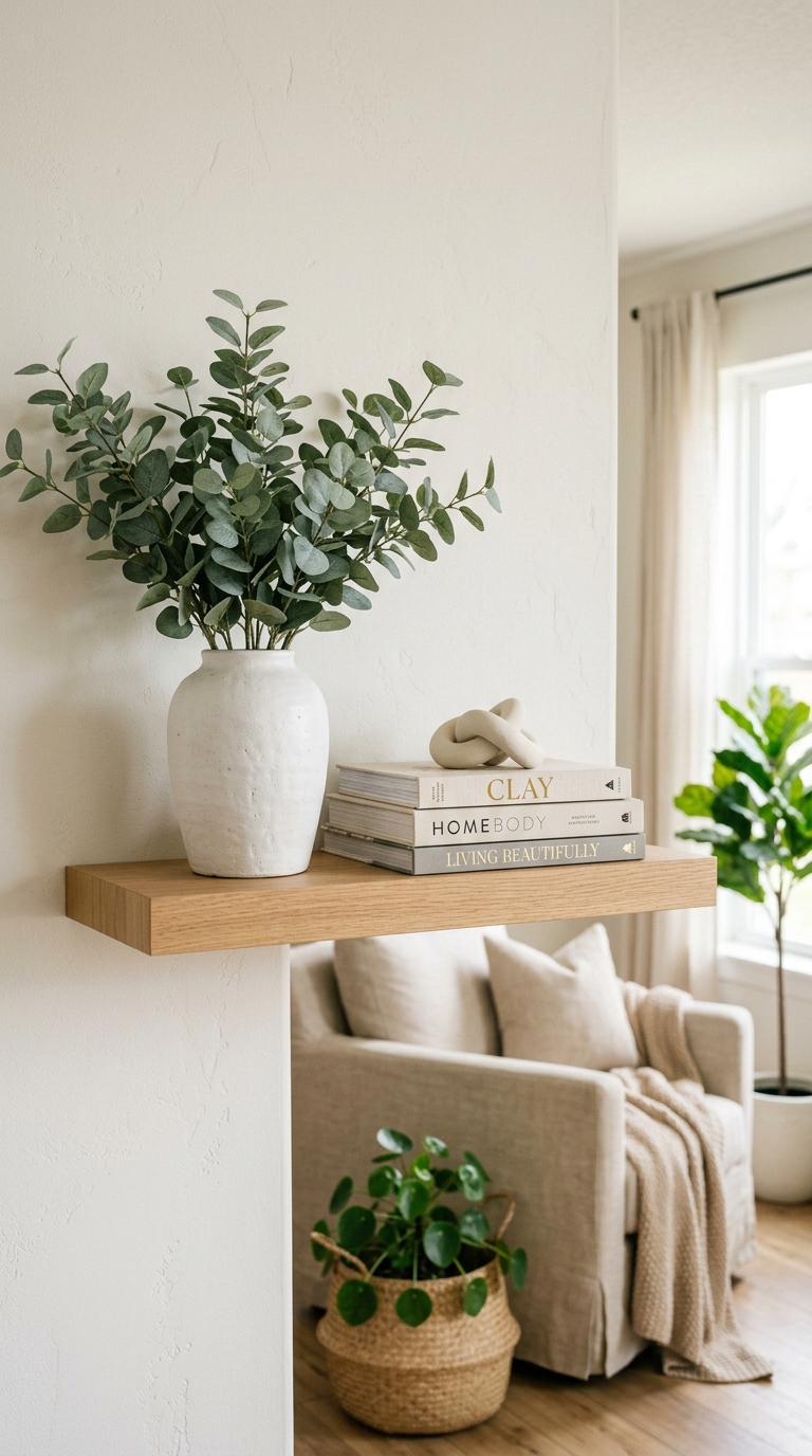 Living room floating shelf with realistic faux eucalyptus in white ceramic vase, books and sculpture, bright natural styling