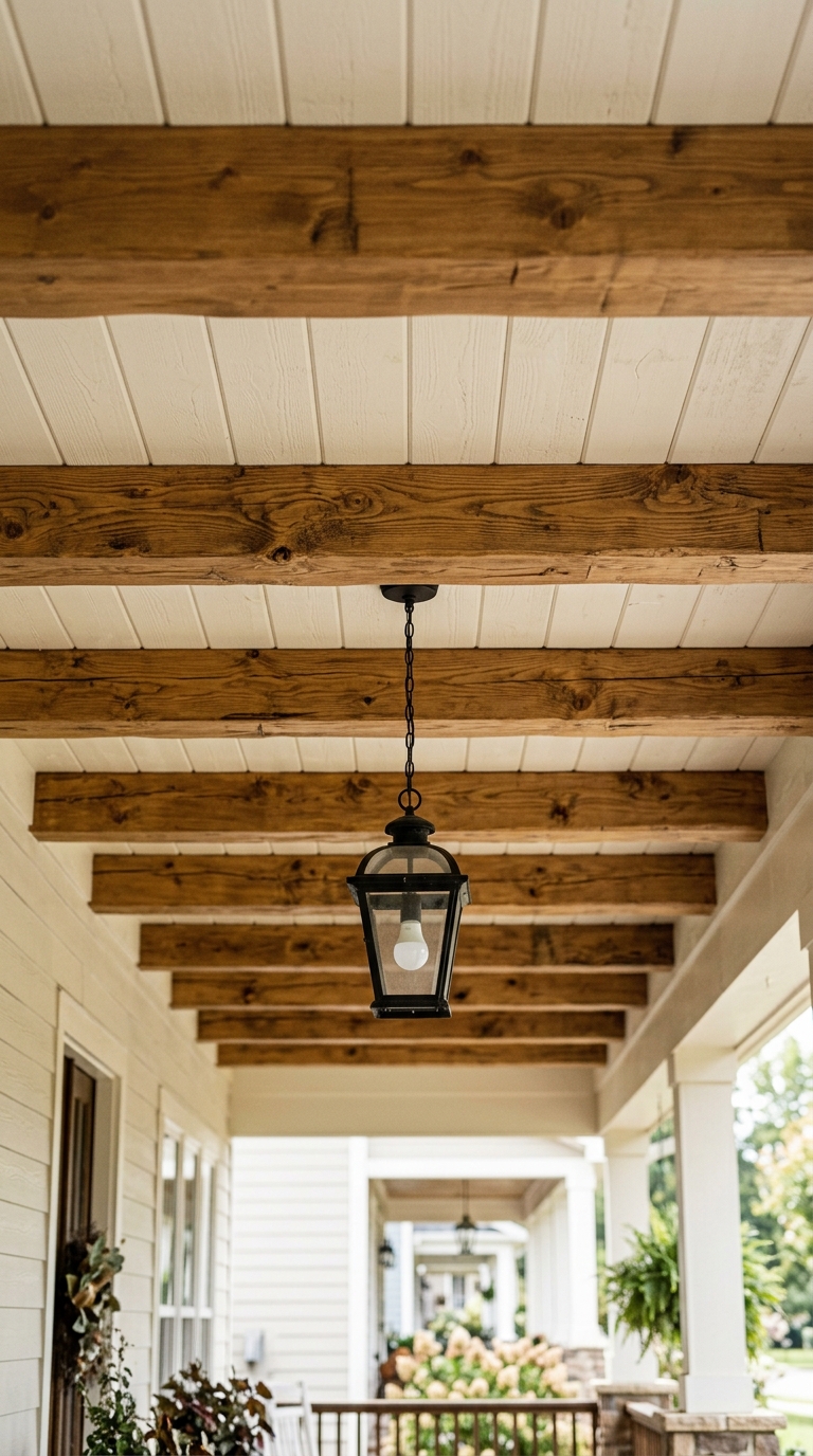 Budget-friendly living room featuring exposed faux wood ceiling beams