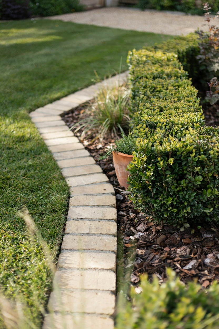 Flat-laid single row of buff bricks as minimal garden edging, flush with lawn surface in a modern garden border design