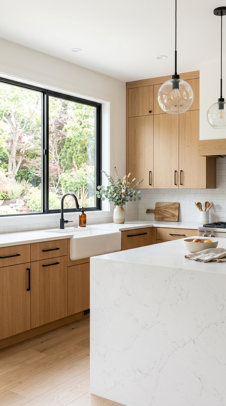 Flat panel white oak kitchen cabinets with matte black hardware and white quartz countertop in a modern kitchen