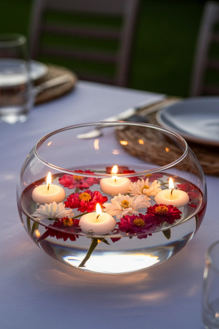 Floating candle and flower bowl centerpiece with red and white blooms for 4th of July evening table decor