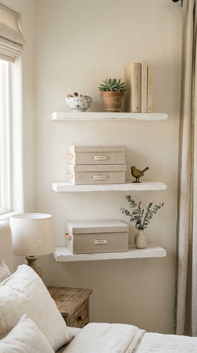 White floating wood shelves with linen storage boxes and decorative items used for bedroom organization in a shabby chic style