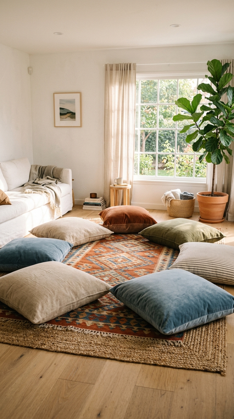 Large floor cushion cluster arrangement on layered rug in a cozy living room with natural light