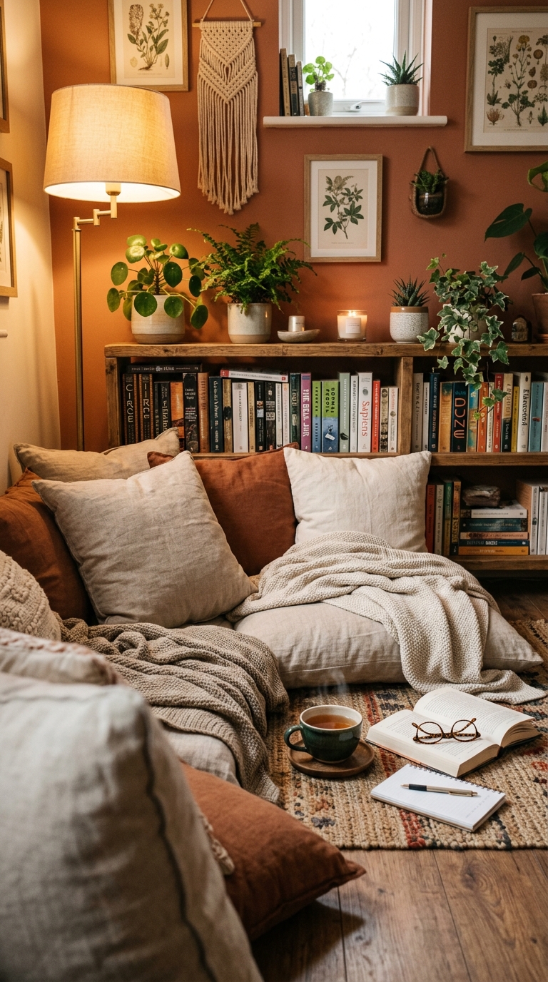 Floor cushion seating area against a low bookshelf wall with plants and books in a warm cozy living room