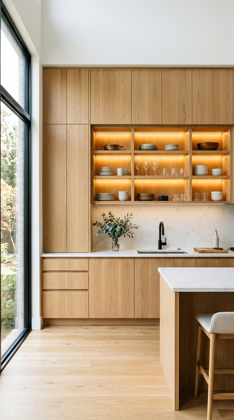 Floor-to-ceiling handleless white oak kitchen cabinets with warm LED lighting and white stone countertop in a modern kitchen