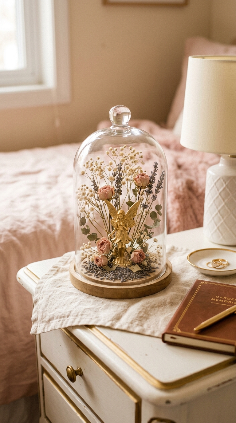 Romantic dried flower fairy garden terrarium under a glass cloche with pastel blooms