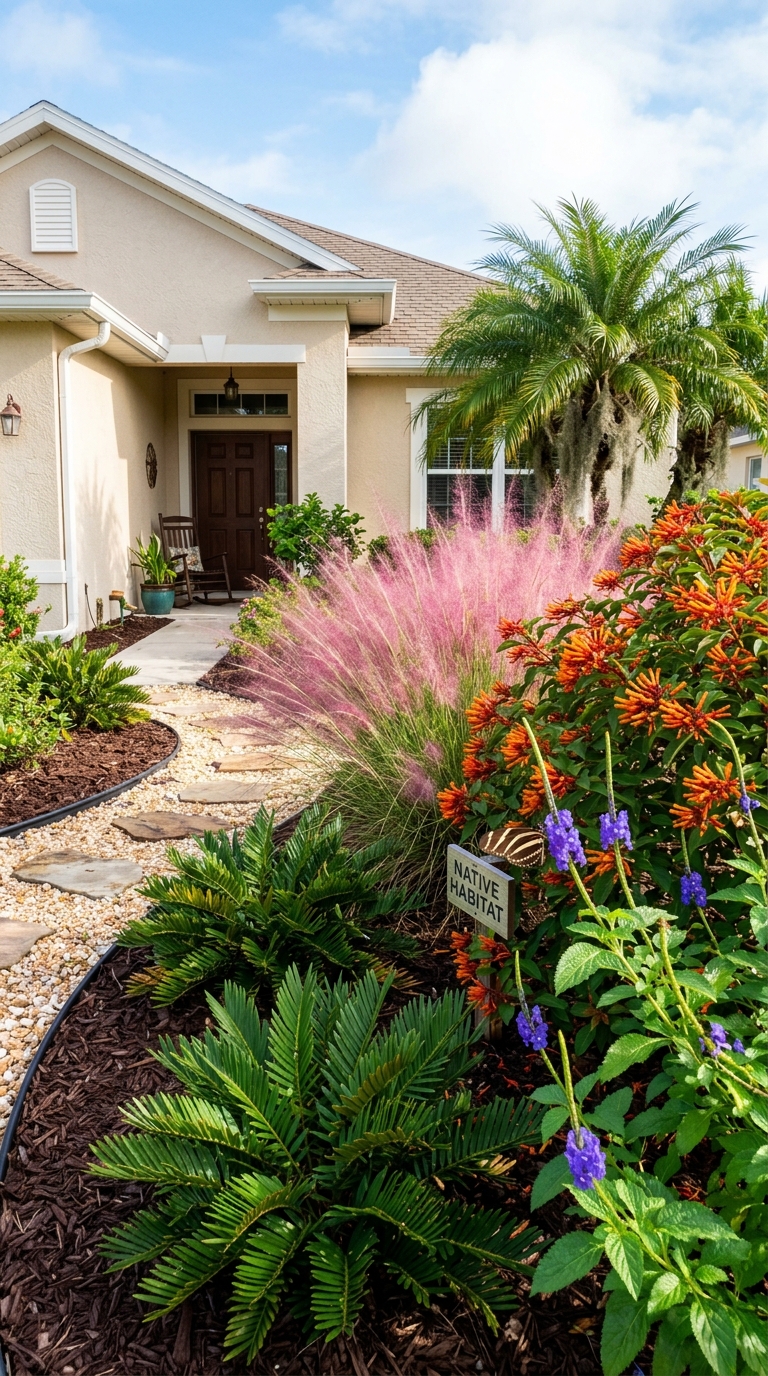 Florida native plant front yard landscaping with muhly grass, firebush, and coontie for low-maintenance curb appeal