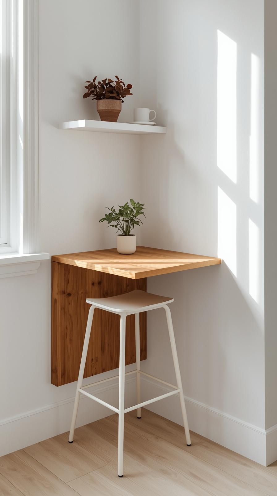 mall space breakfast nook with fold-down wall table and slim stools in a compact kitchen