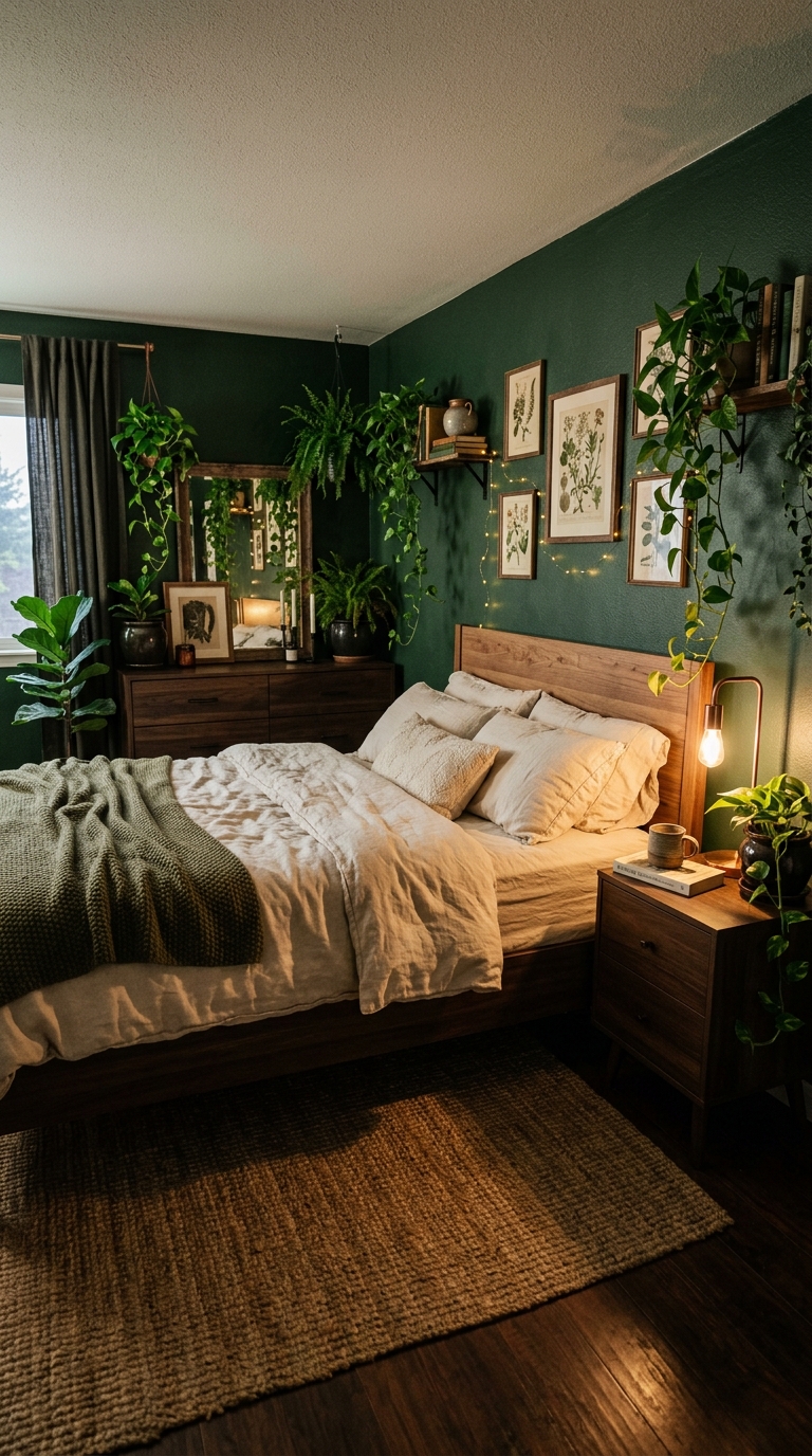 Forest green bedroom with dark wood furniture, linen bedding, and copper accents for a rich moody nature-inspired look
