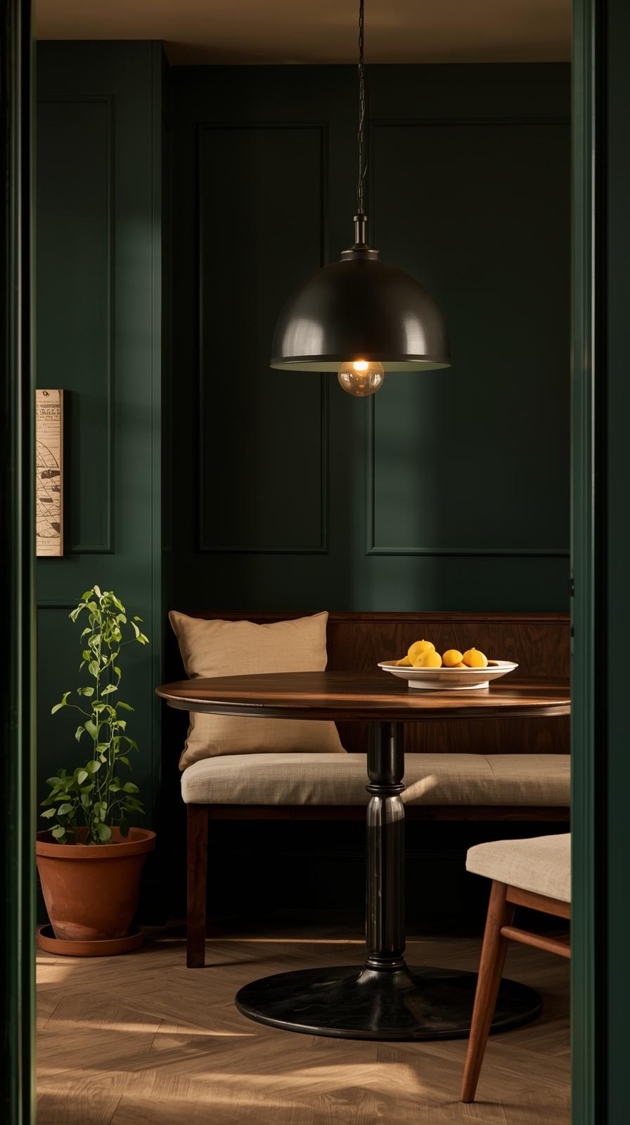 Moody breakfast nook with forest green walls, dark walnut table, and trailing plant in corner