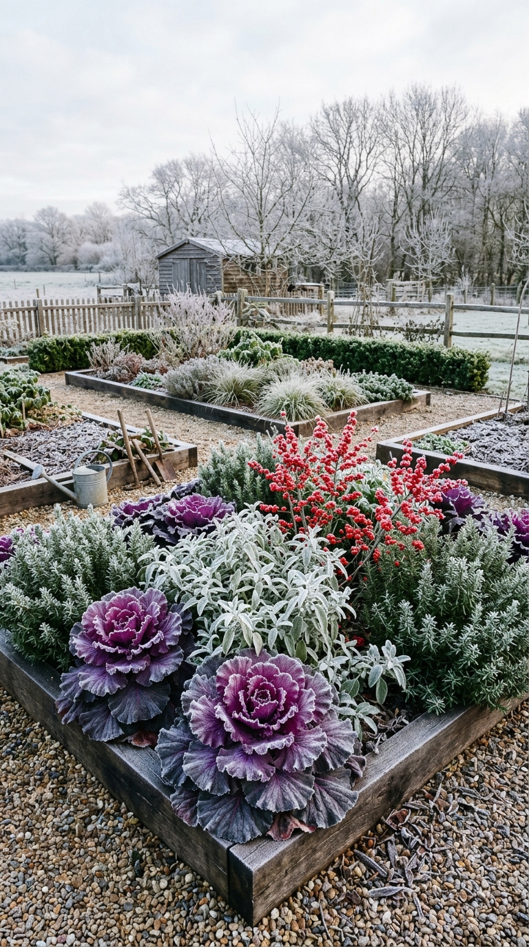 Four-season potager garden with ornamental kale, sage, rosemary, and berry plants providing winter color and interest