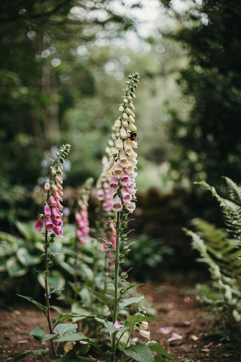Pink and white foxglove spires with a bumblebee entering a tubular bloom in a cottage pollinator garden