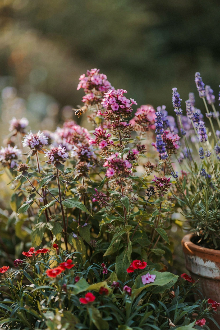 Fragrant herbaceous cottage garden border with phlox, lavender, dianthus, and monarda for a sensory planting experience