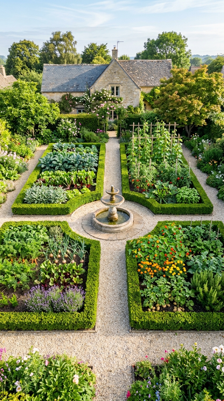 Classic French four-square potager garden layout with boxwood borders and center fountain