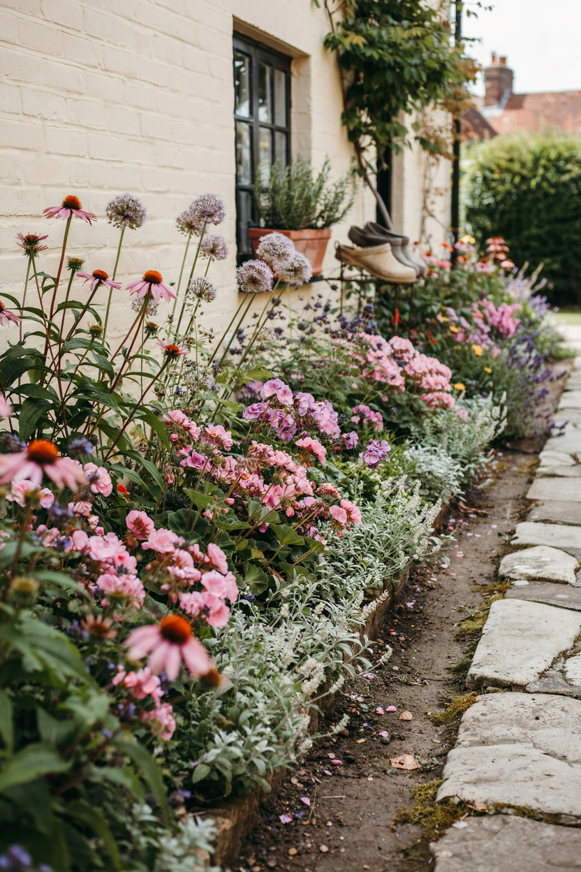 Image Prompt: Bright, welcoming Pinterest photo of a front garden herbaceous cottage border beside a stone path. Lavender edging, pink hardy geraniums, purple echinacea, and tall allium seedheads. Soft morning light, cream cottage walls in the background. Charming, curb-appeal aesthetic.