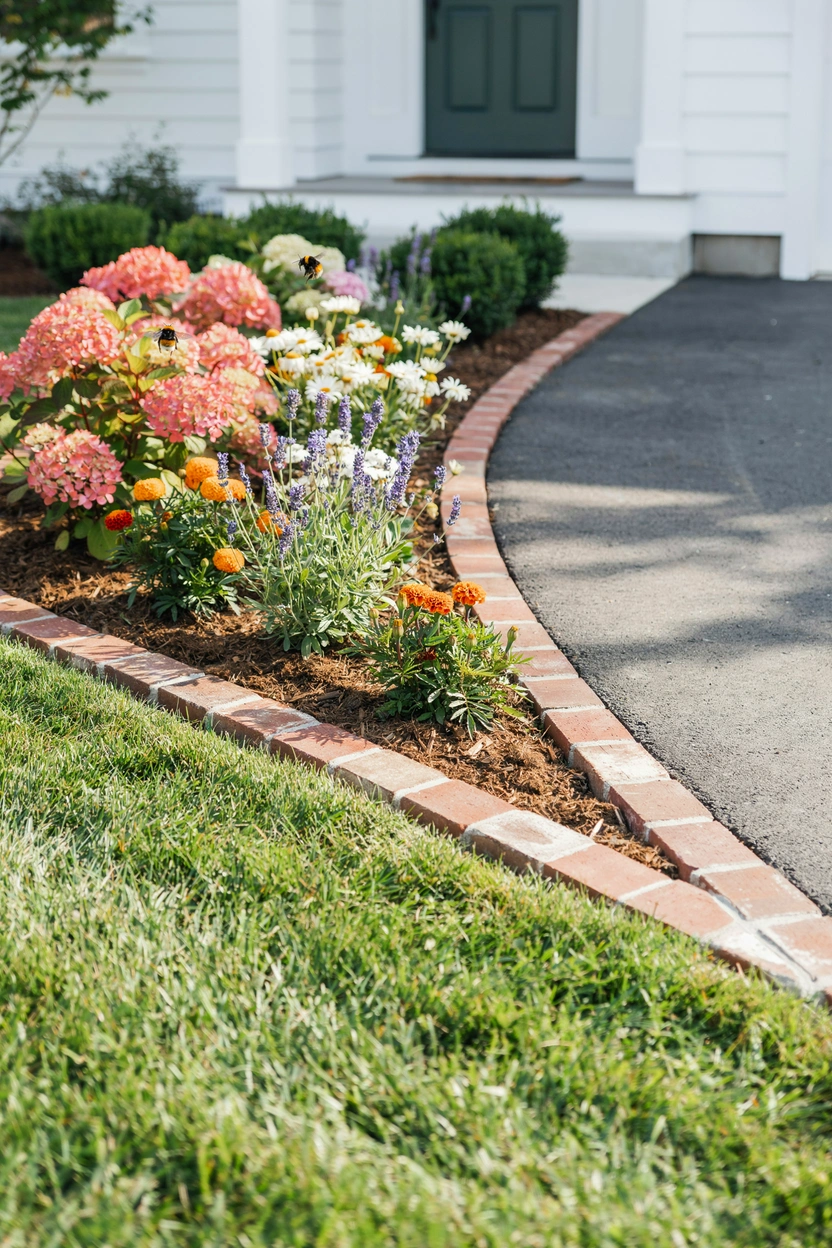 Neat brick garden edging along front yard lawn and driveway edge boosting curb appeal with a clean, formal border