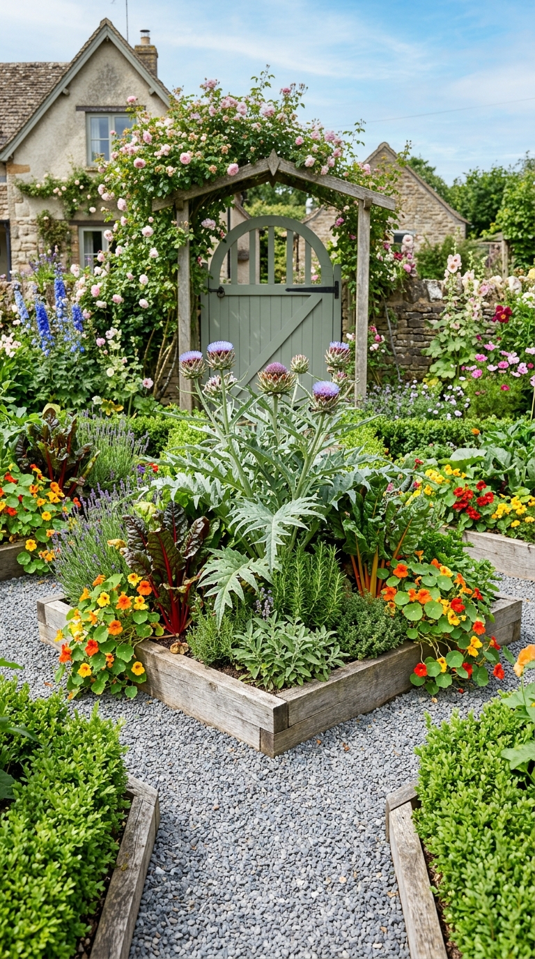 Front yard potager garden with symmetrical raised beds, gravel paths, climbing vegetables, and ornamental edible plants as curb appeal landscaping