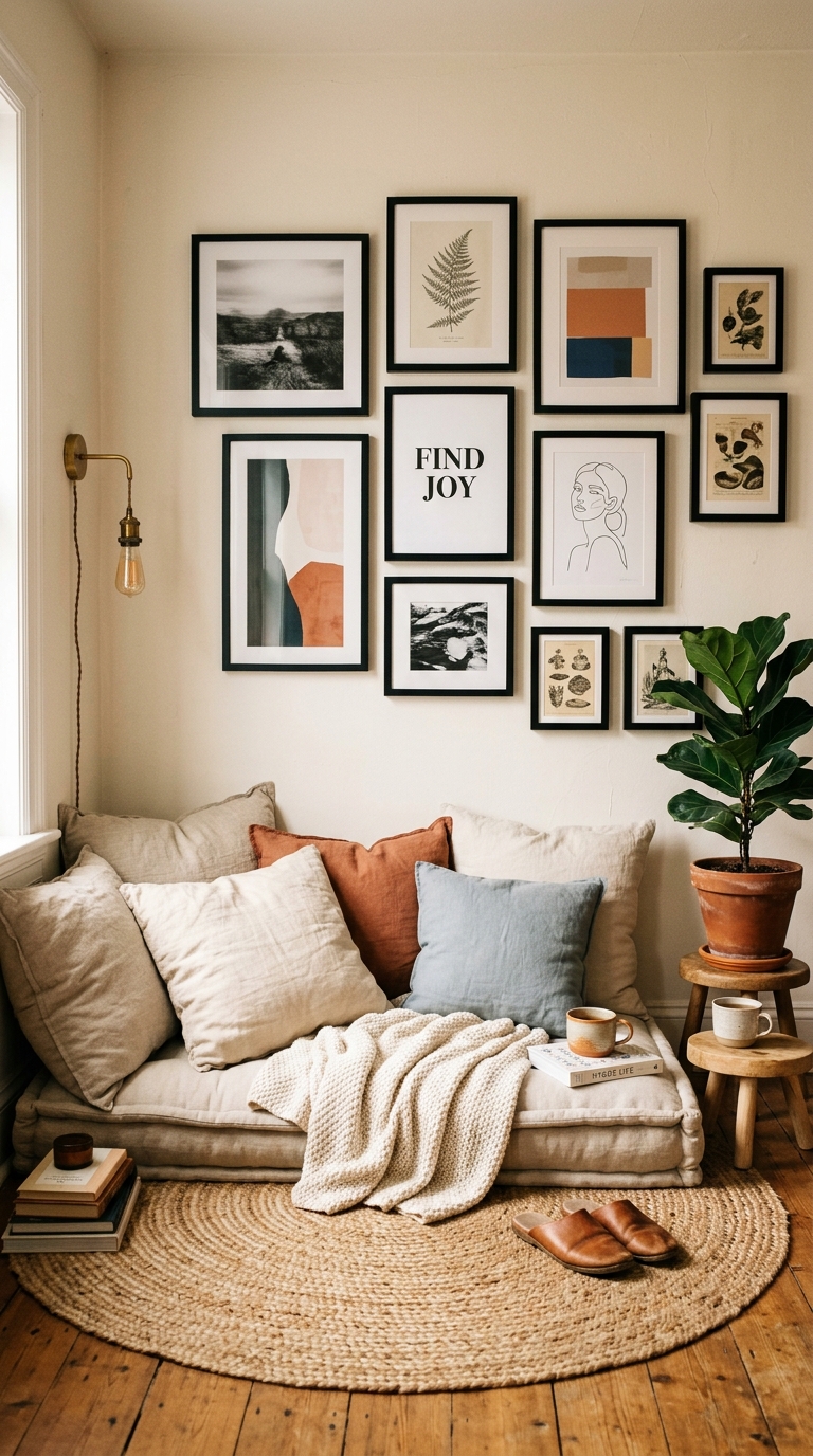 Floor seating arrangement with gallery wall backdrop of framed art prints in a cozy styled living room