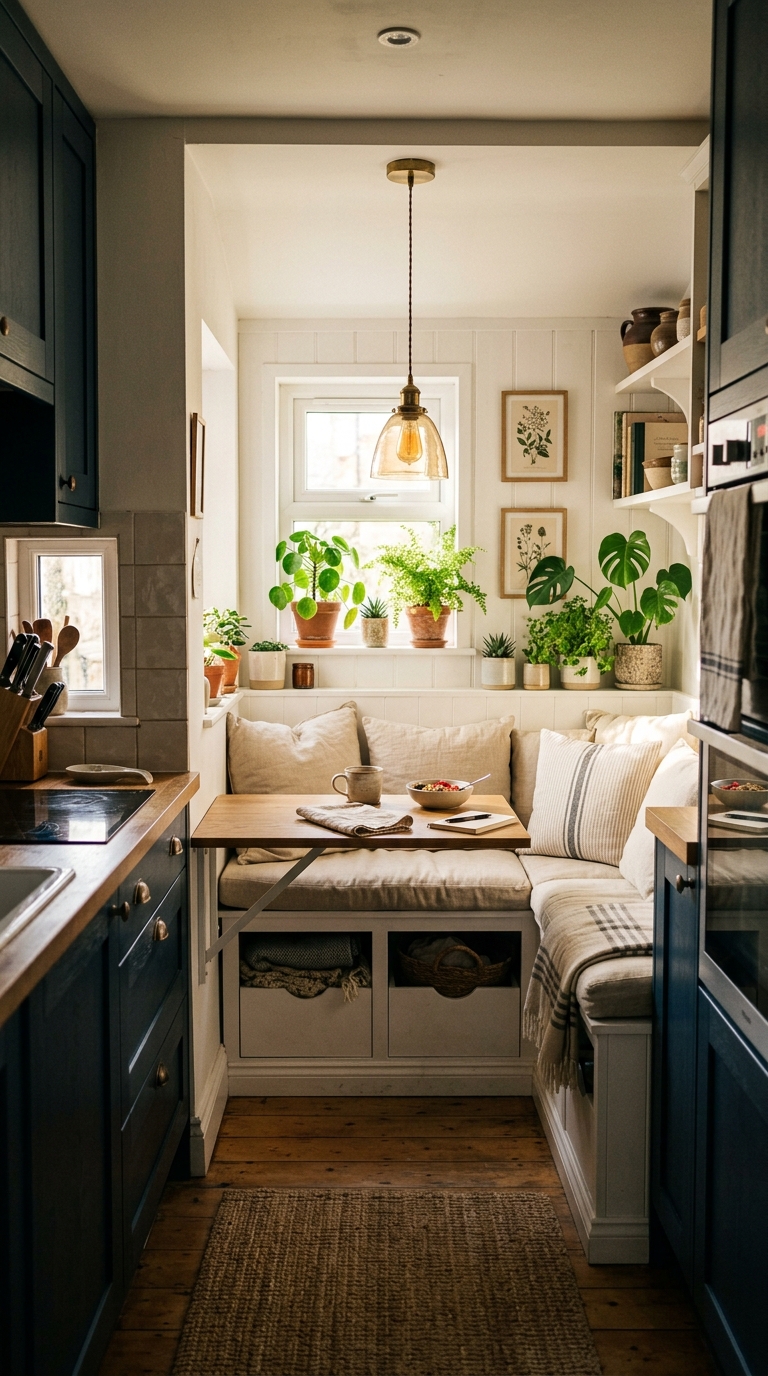 Cozy built-in breakfast nook at the end of a galley kitchen with a linen bench, fold-down table, and warm morning light