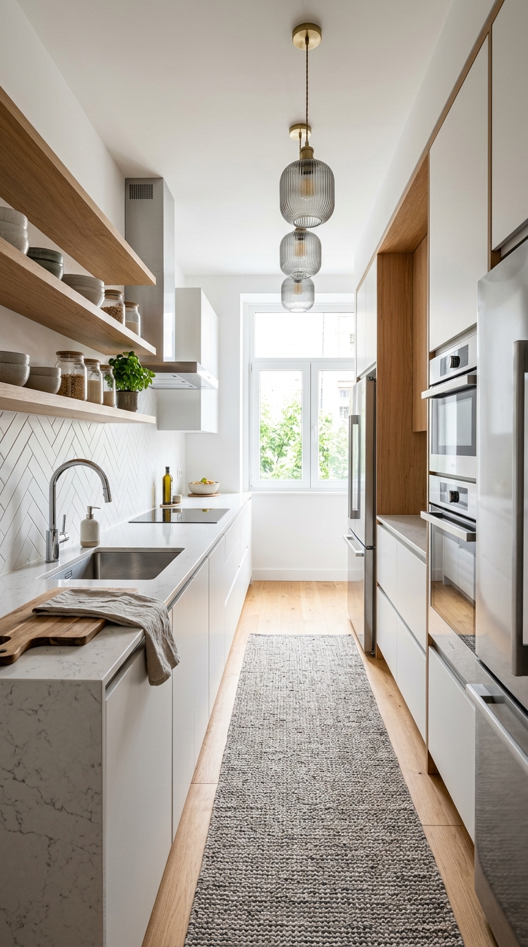 Modern galley kitchen ideas for narrow spaces with stylish cabinets and bright lighting.