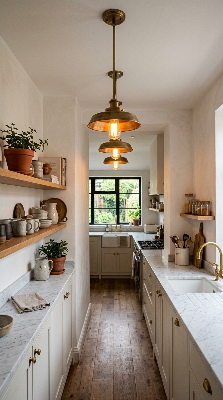 Three matching brass pendant lights hung in a row down a narrow galley kitchen, creating warm rhythm and designer atmosphere