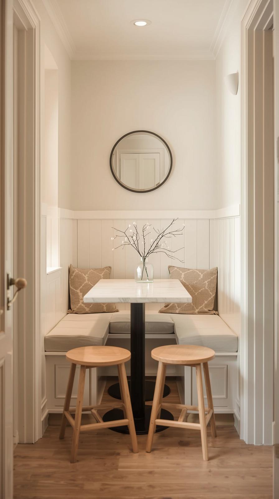 Narrow galley kitchen breakfast nook with single-wall banquette and slim dining table