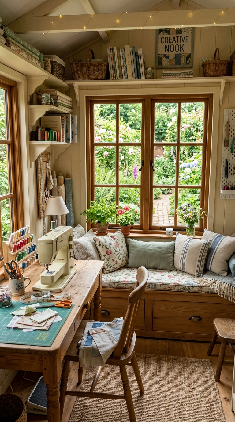 Garden view sewing she shed idea with window seat storage bench
