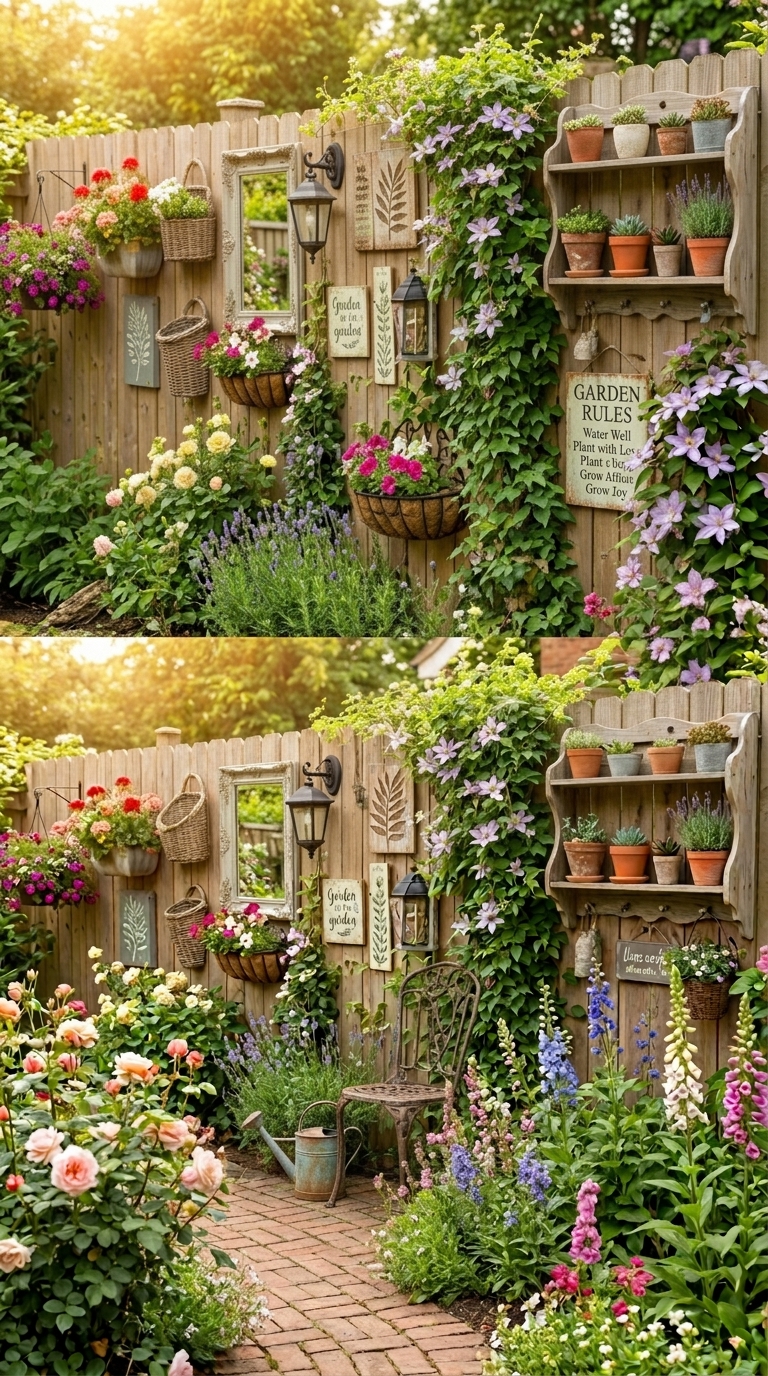Beautiful backyard fence decorated with stylish garden wall accents, plants, and outdoor decor inspiration