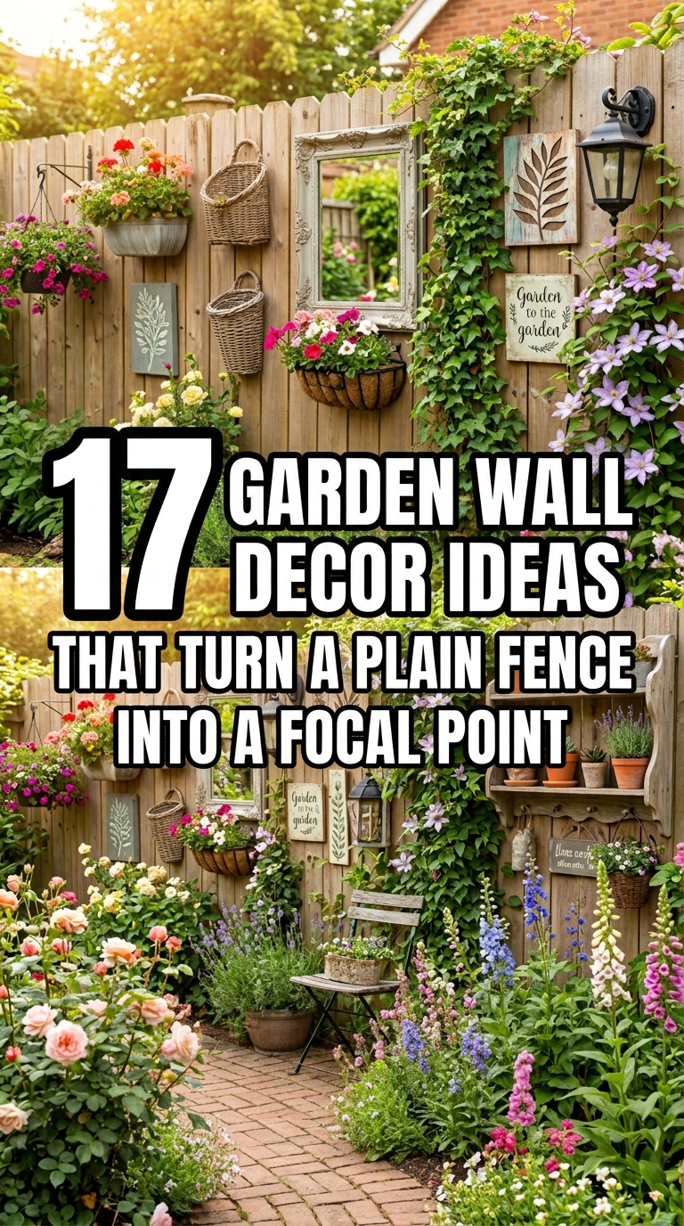 Garden fence decorated with wall planters, lanterns, mirrors, and outdoor decor ideas creating a beautiful backyard focal point