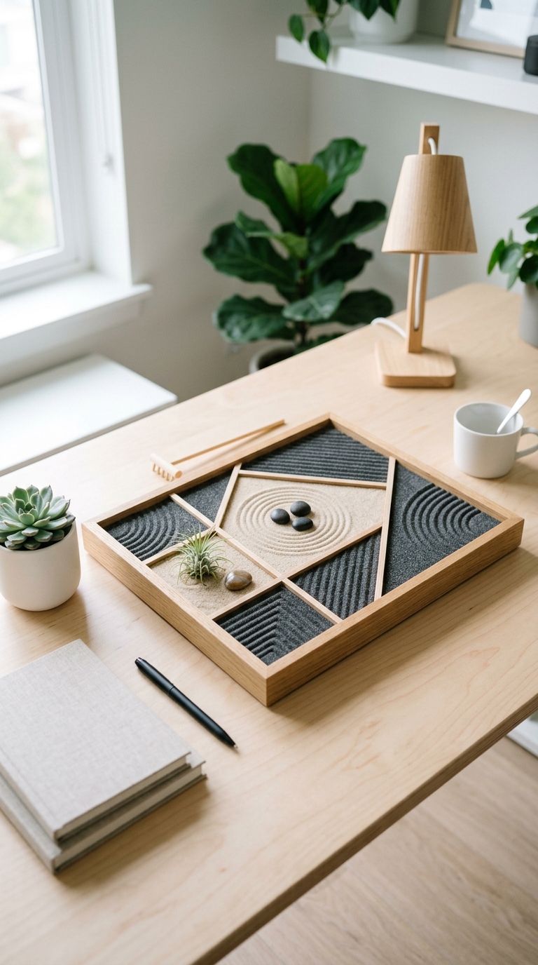 Geometric mini zen garden with wooden dividers for modern minimalist desk decor