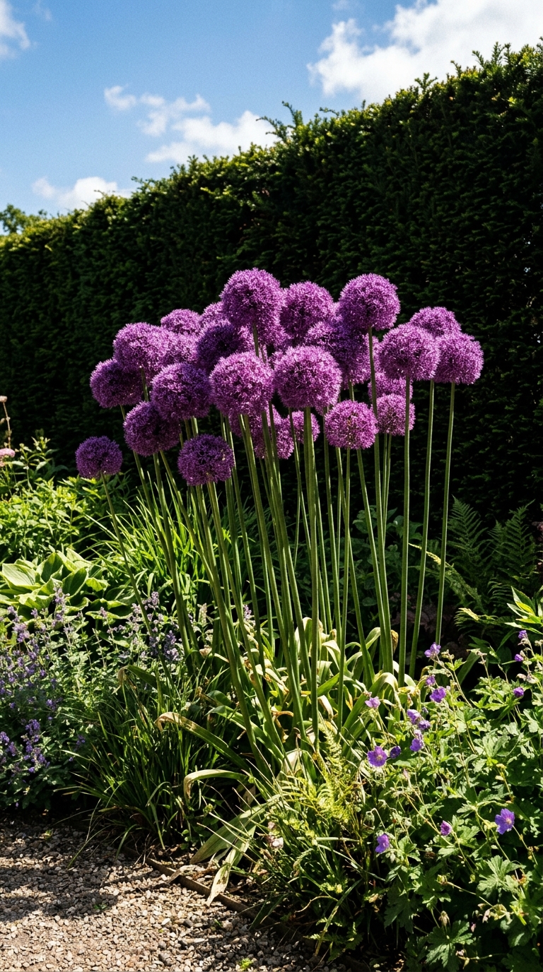 Giant allium giganteum statement planting with tall purple globe flowers against a dark garden hedge