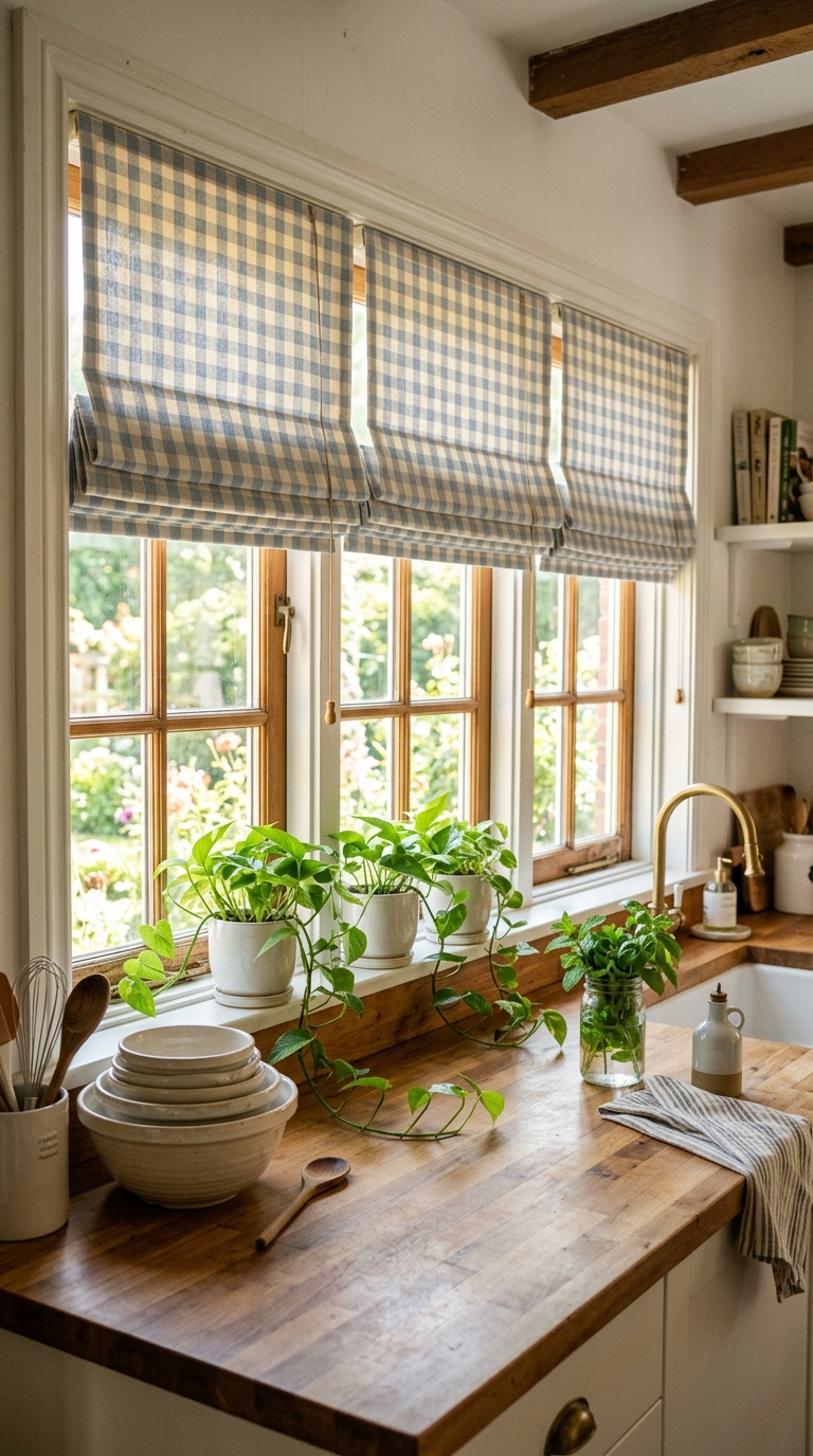 Faded blue and bone gingham Roman shades over butcher-block kitchen counter with pothos and cream bowls