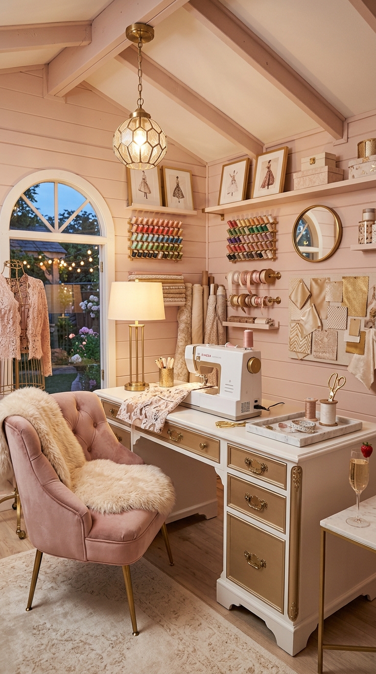 Glam sewing she shed idea with velvet seating and hidden storage drawers