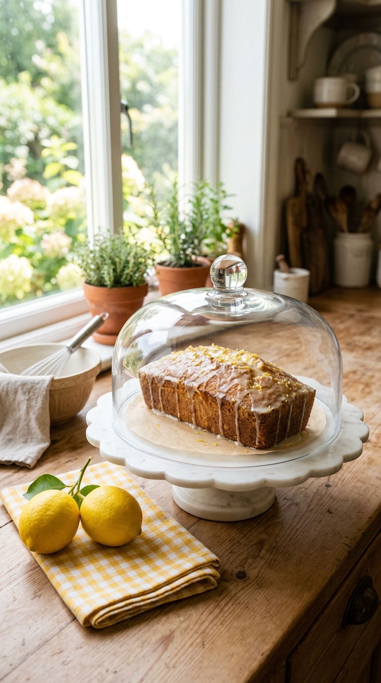 glass cake dome over a glazed lemon loaf on a scalloped marble stand for summer kitchen counter styling