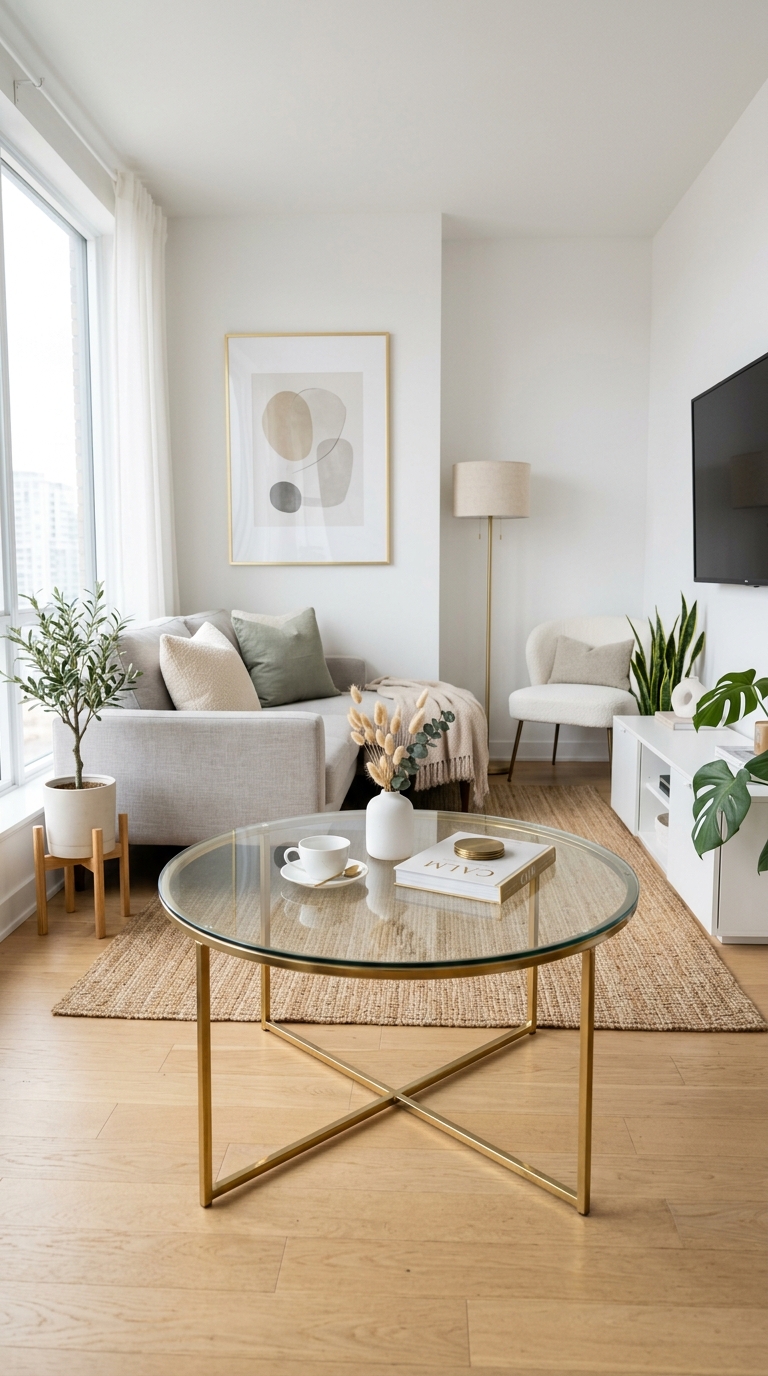 Round glass coffee table in small apartment living room creating open space illusion