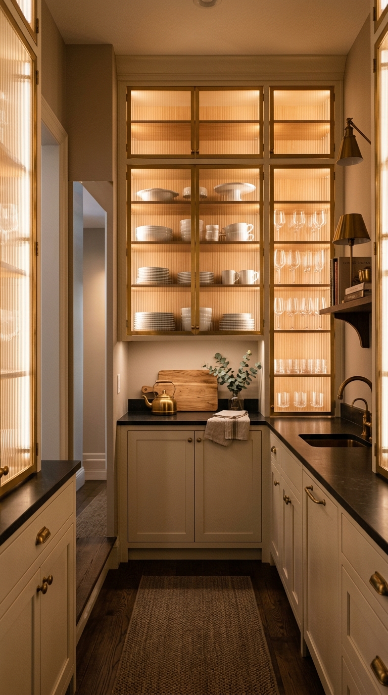 Glass-front cabinet butler's pantry with reeded glass doors, interior lighting, and displayed white dishware