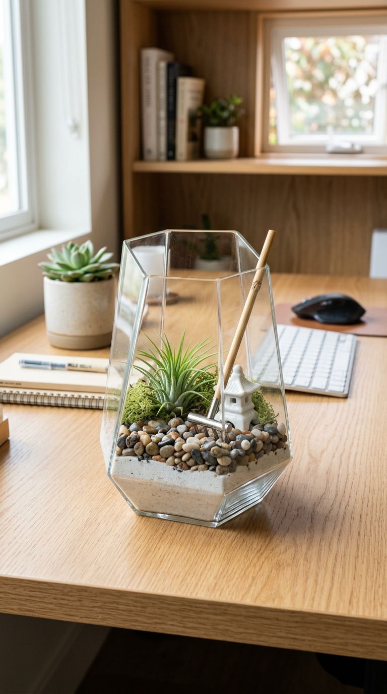 Glass terrarium mini zen garden idea for small or shared desks