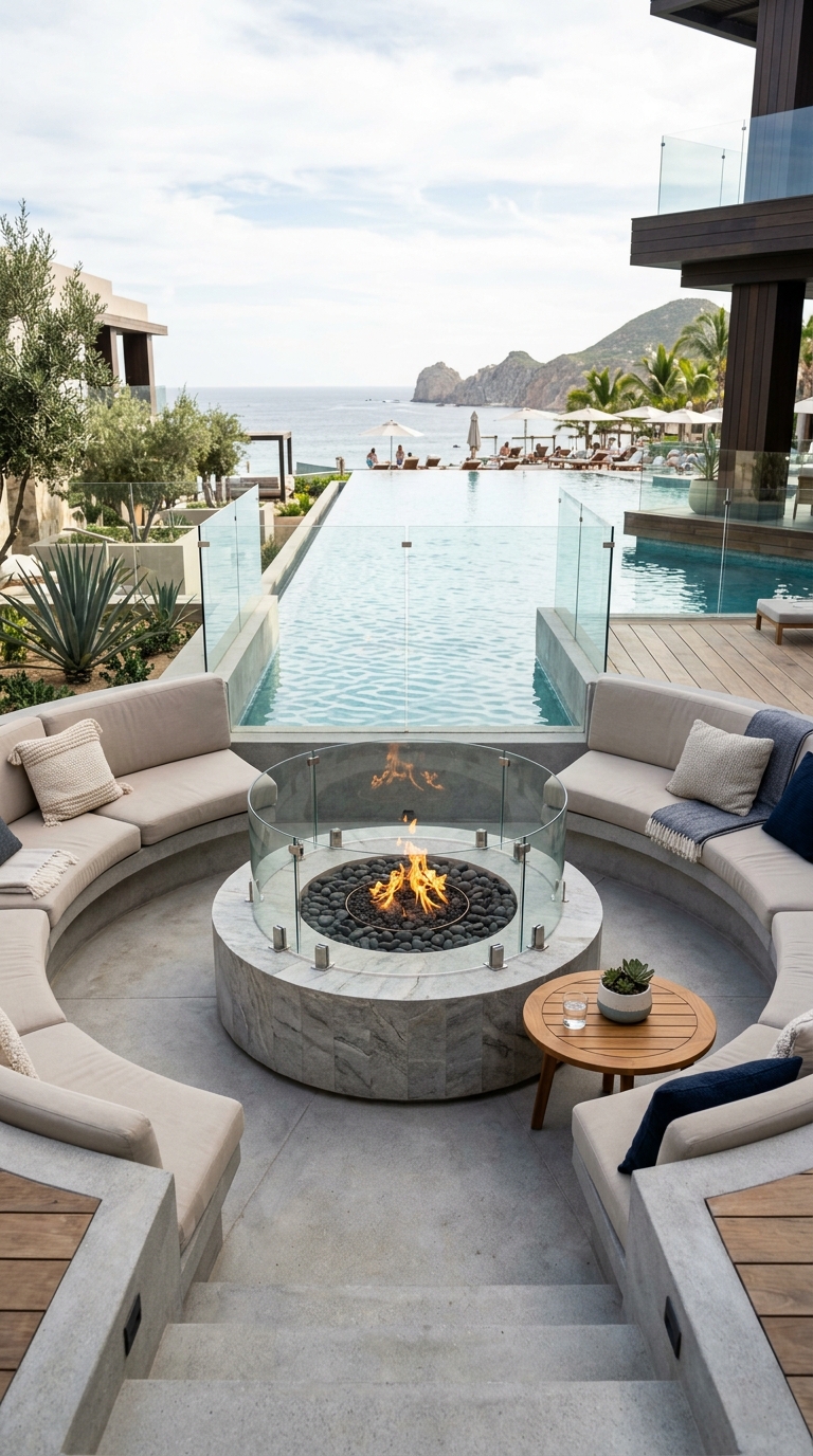 Sunken fire pit idea with glass wind guard near pool