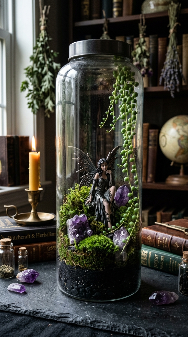 Dark gothic fairy garden terrarium with amethyst crystals and trailing plants