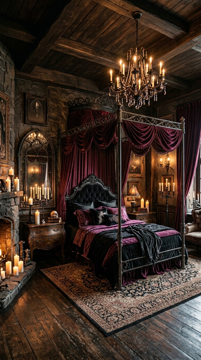 Gothic romantic bedroom with velvet canopy bed, dark chandelier, and layered opulent bedding